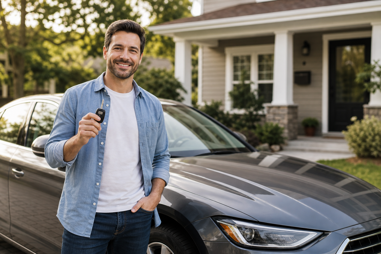 Smiling driver standing beside a car holding keys for an insurance review