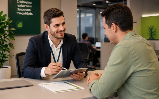 Consultor financeiro atendendo cliente em escritório moderno