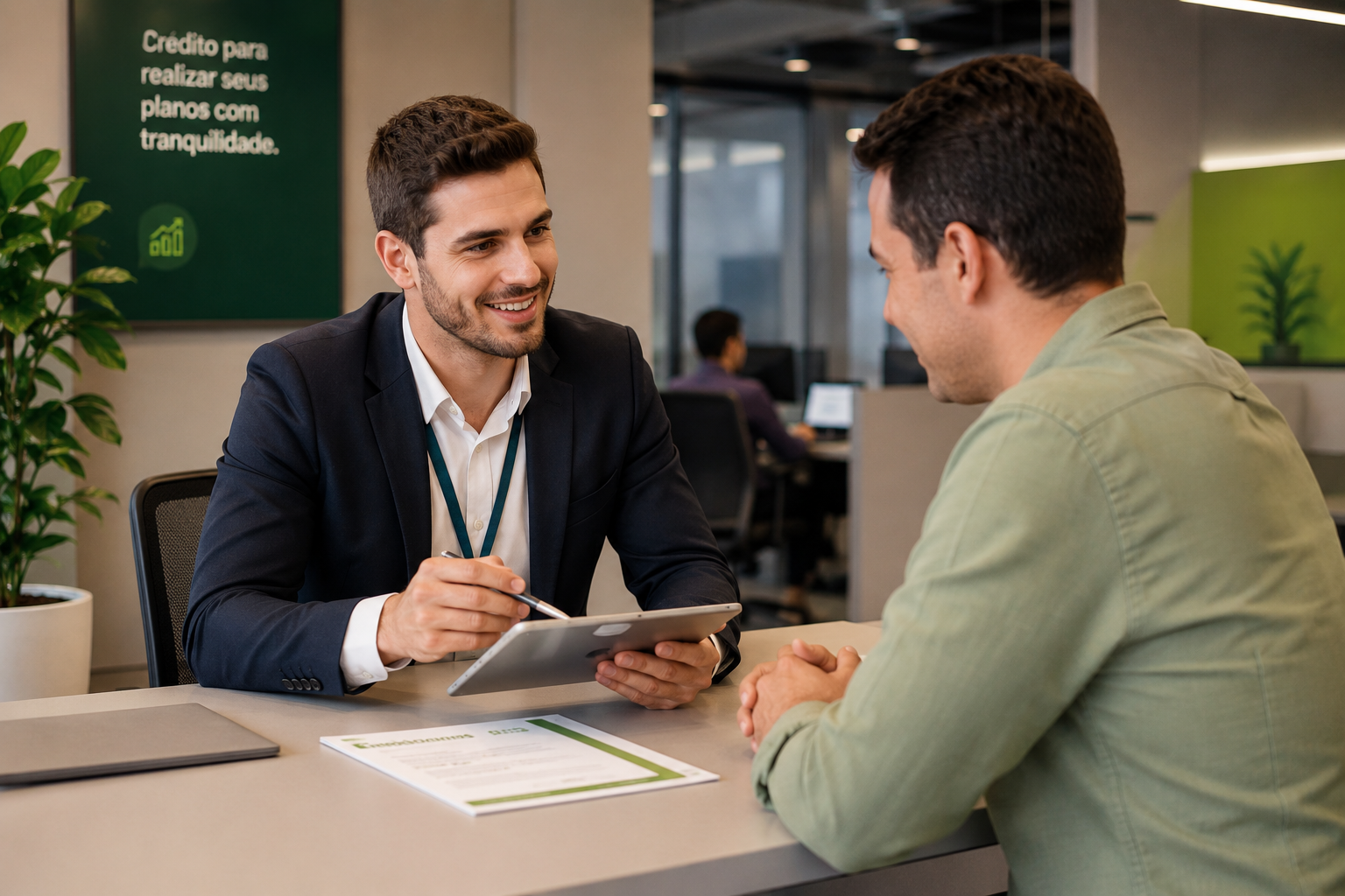 Consultor financeiro atendendo cliente em escritório moderno