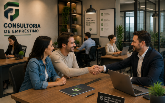 Consultoria de empréstimo com casal recebendo orientação financeira em ambiente profissional