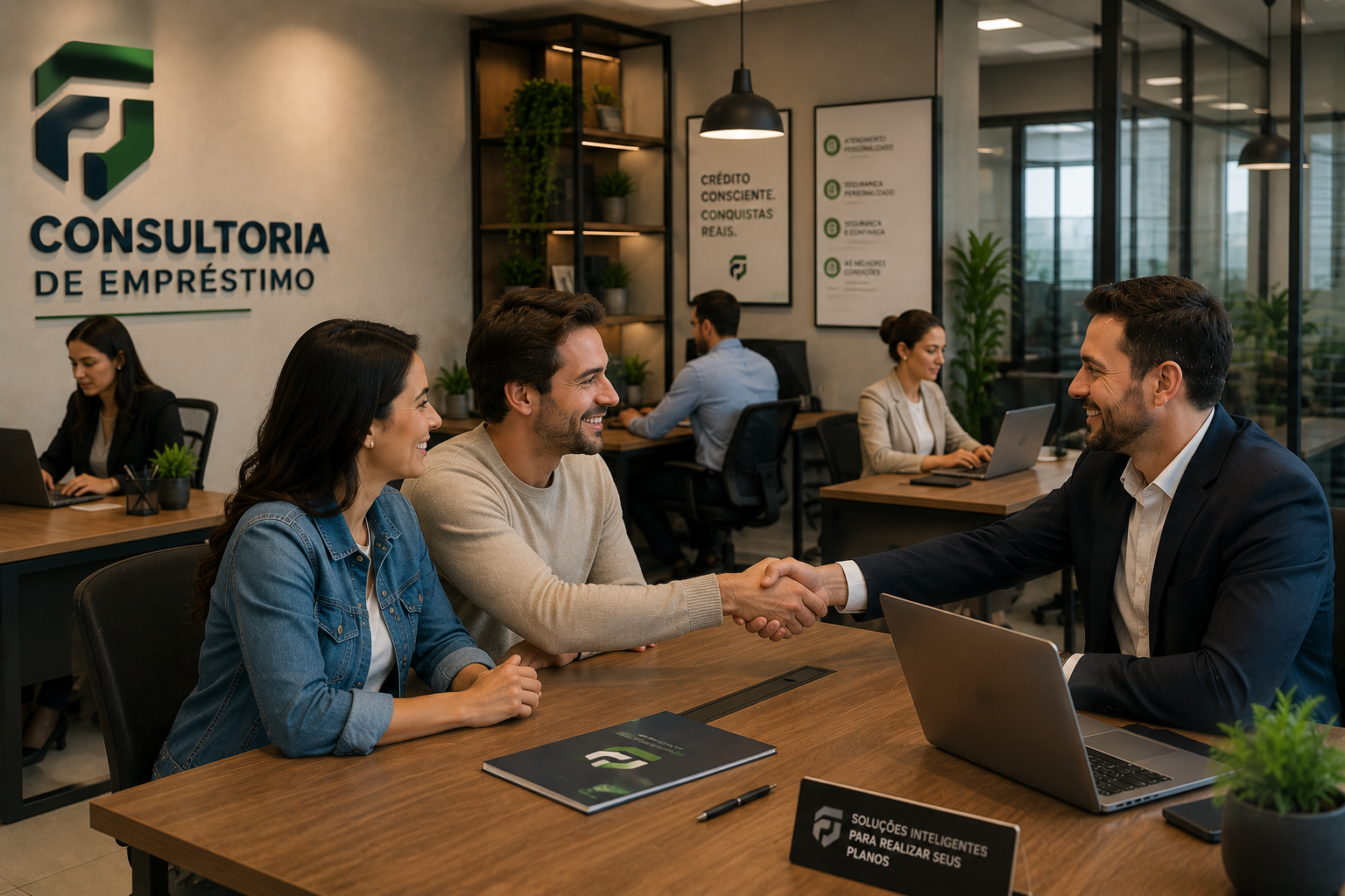 Consultoria de empréstimo com casal recebendo orientação financeira em ambiente profissional