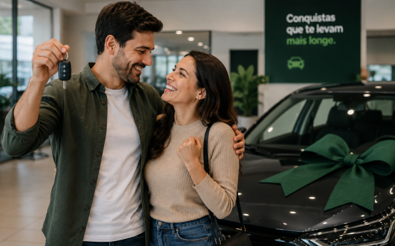 Casal em concessionária avaliando financiamento e crédito