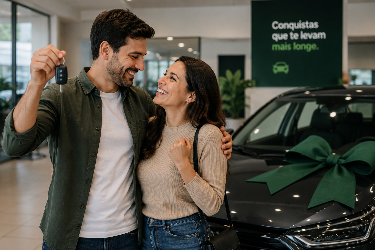 Casal em concessionária avaliando financiamento e crédito