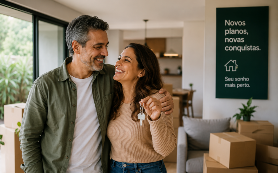Casal em casa avaliando novos planos financeiros