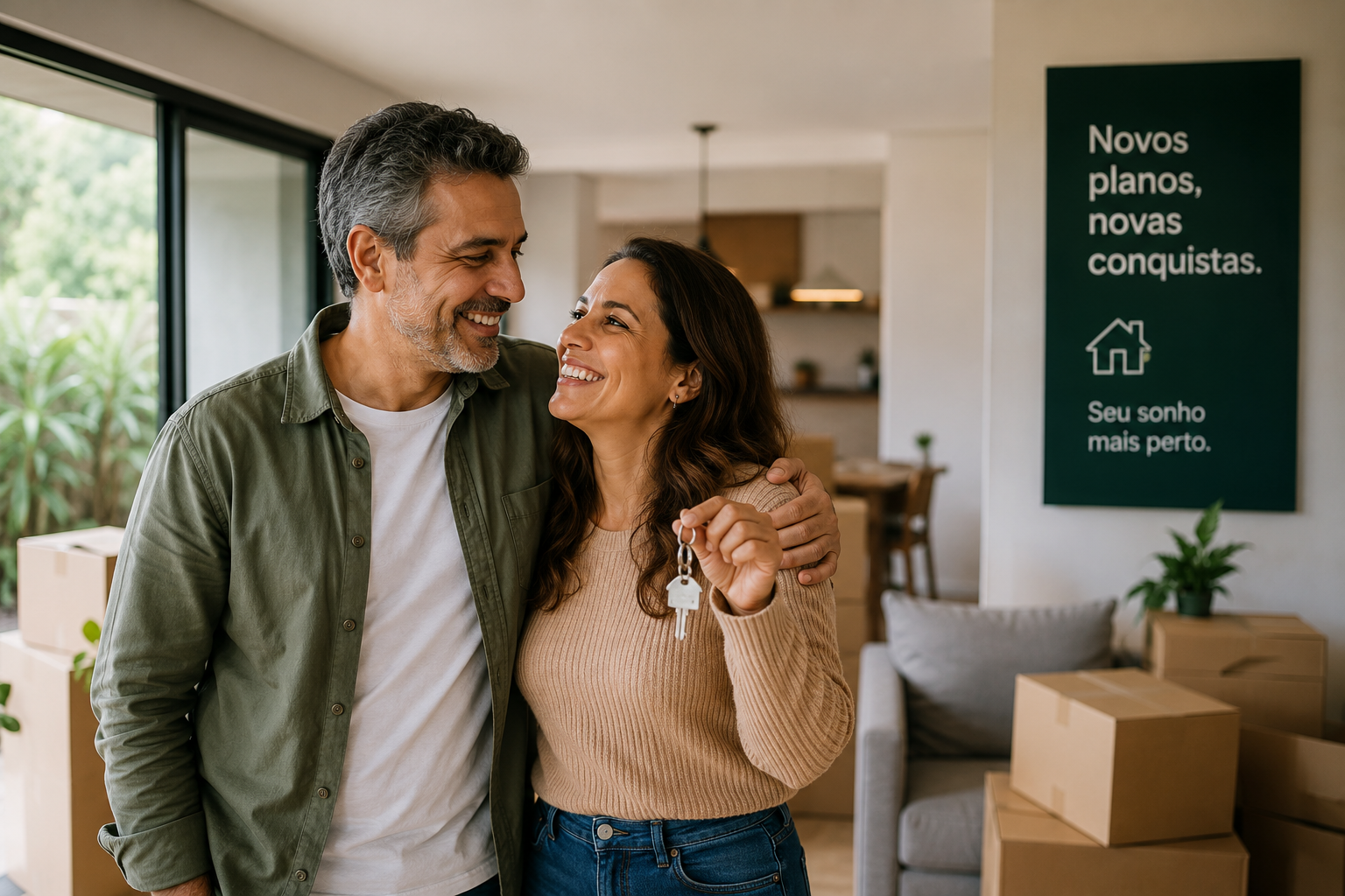 Casal em casa avaliando novos planos financeiros