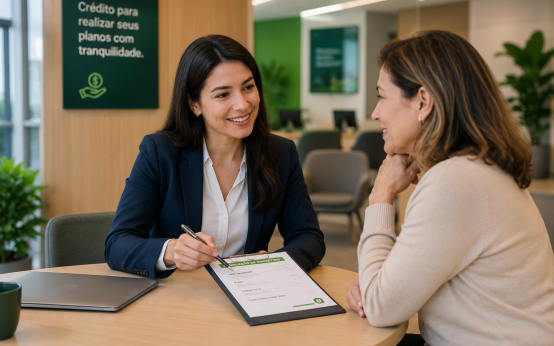 Consultora financeira atendendo cliente em ambiente profissional