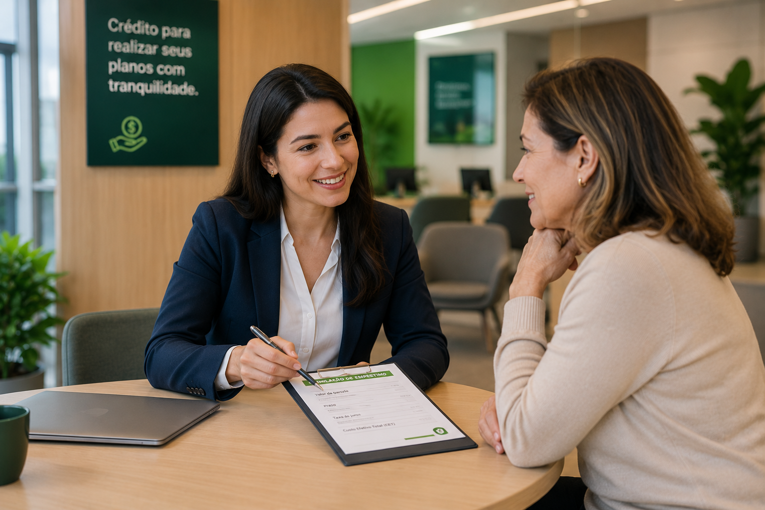 Consultora financeira atendendo cliente em ambiente profissional