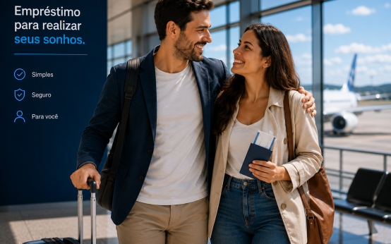Casal no aeroporto consultando empréstimo para realizar planos