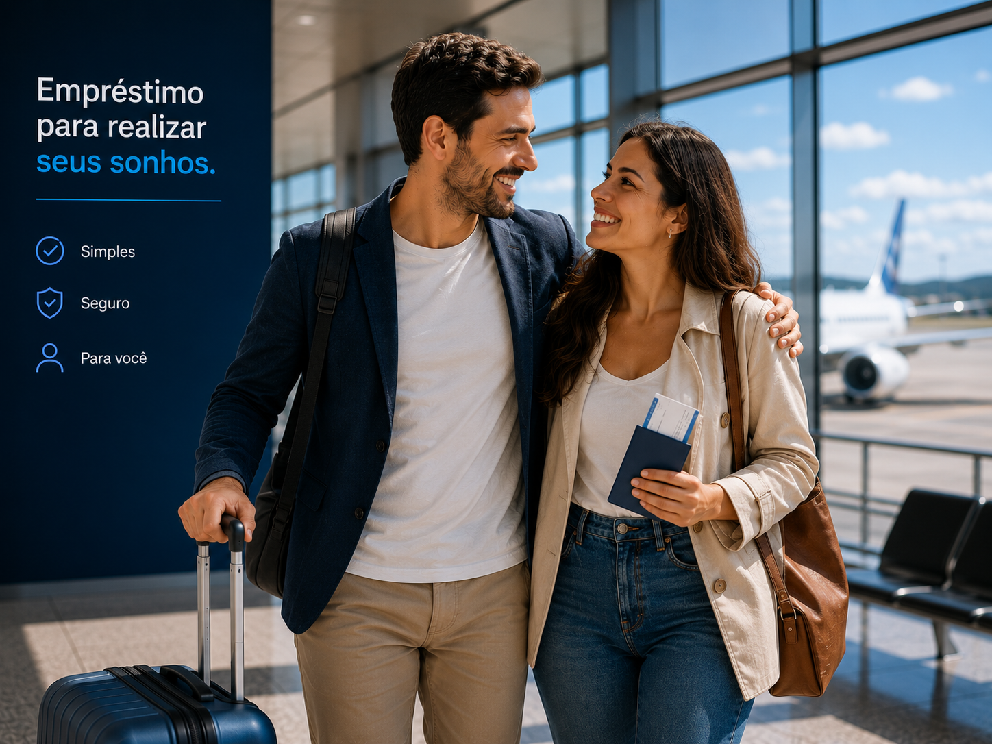Casal no aeroporto consultando empréstimo para realizar planos